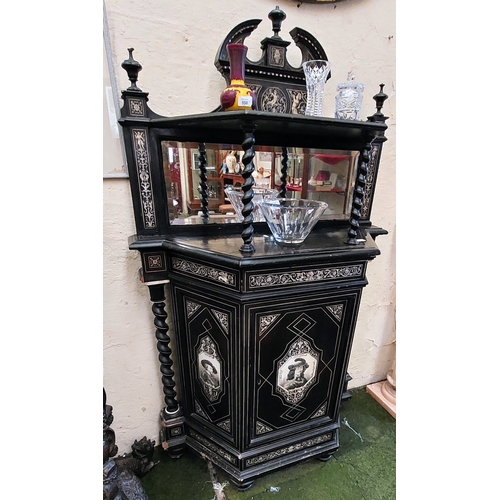 544 - Ebonised and Inlaid Court Cupboard with Renaissance Artist Portraits, Mirror BAck and Barley Twist S... 