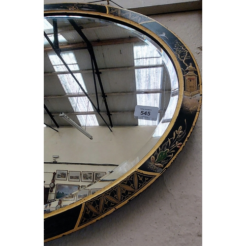 545 - Oval Ebonised and Gilded Chinoiserie Bevelled Mirror - C. 82cm W x 57cm H