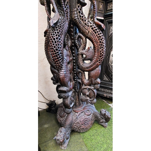 548 - Highly Carved Oriental Dragon Motif Plant Stand - C. 124cm H x 49cm W