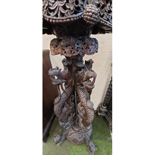 548 - Highly Carved Oriental Dragon Motif Plant Stand - C. 124cm H x 49cm W