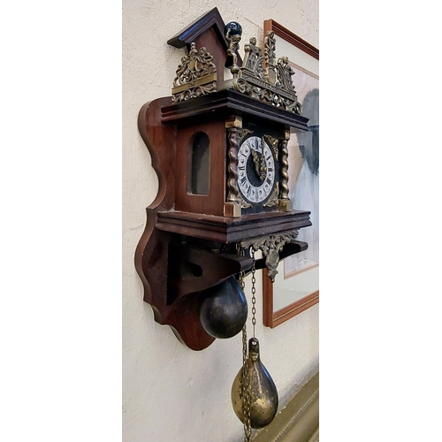 554 - Modern Wall Clock with Brass Weights and Atlas Figure Bell Chime