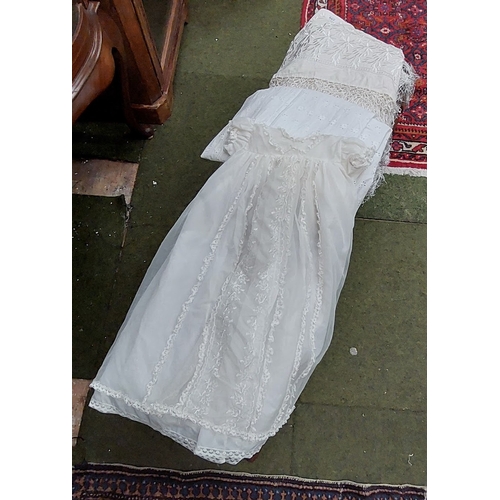 597 - 3 Pieces of Vintage Linen inc Christening Robe, Embroidered Shawl & Petticoat Skirt