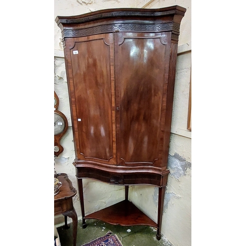 599 - 19th Century Mahogany Adams Style Serpentine Front Corner Cabinet on Stand with PAinted Interior - C... 