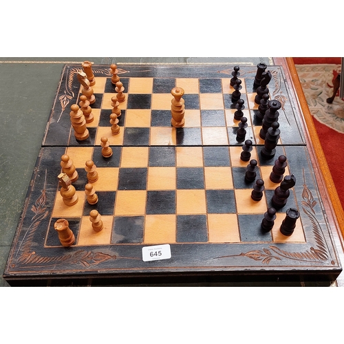 645 - Wooden Chess Set with Carved Board Case