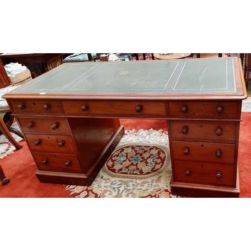 648 - Mahogany Pedestal Base Office Desk with Gilt Tooled Leather Top by J Byrne & Son, South Anne St, Dub... 