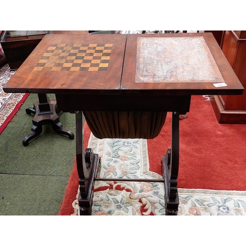 653 - Flamed Mahogany Games Table on Carved Base - C. 54cm W 38cm D x 80cm H