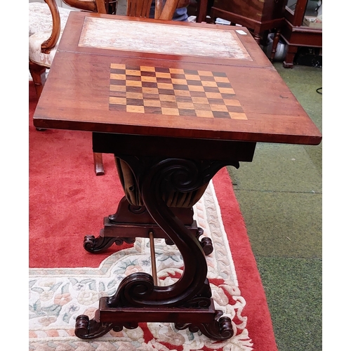 653 - Flamed Mahogany Games Table on Carved Base - C. 54cm W 38cm D x 80cm H