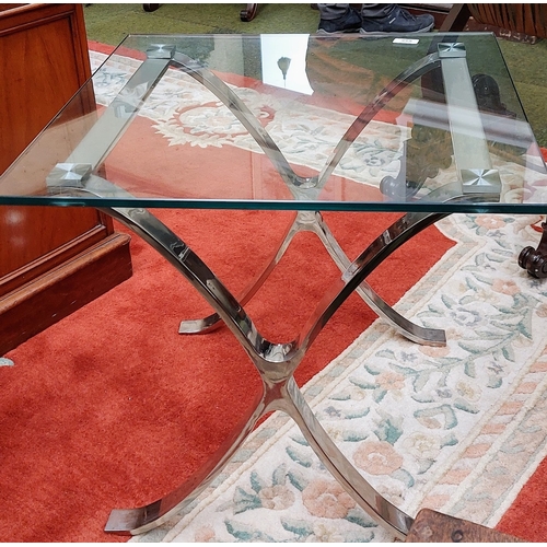 655 - Heavy Designer Chrome Base Glass Top Occasional Table - C. 60cm x 60cm x 57cm H