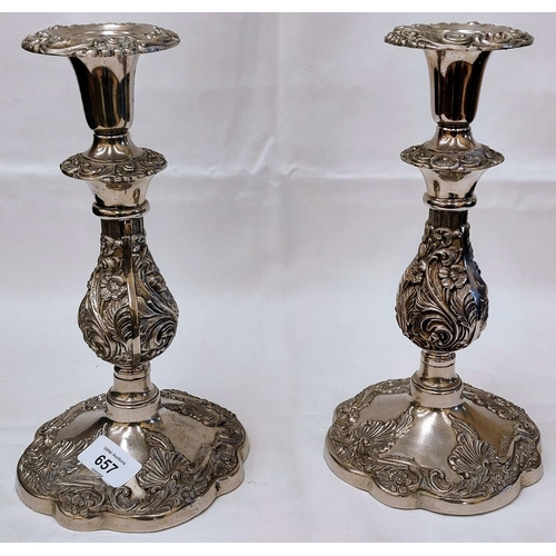 657 - Pair of Silver Plate Embossed Candle Holders - C. 28cm H