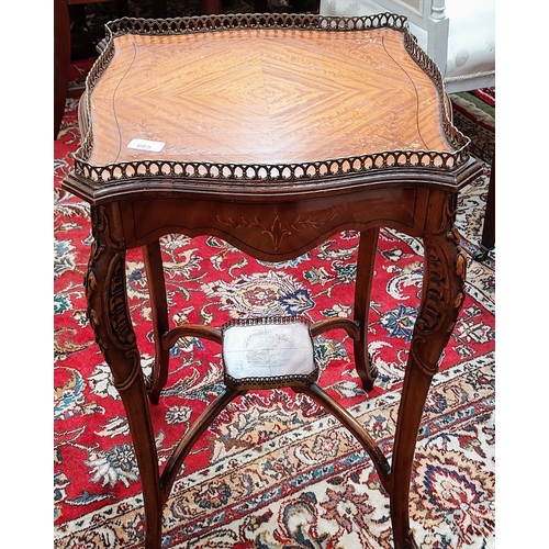 665 - French Style Inlaid Brass Gallery Occasional Table with X-Frame Stretcher & Shelf - C.44cm x 44cm x ... 