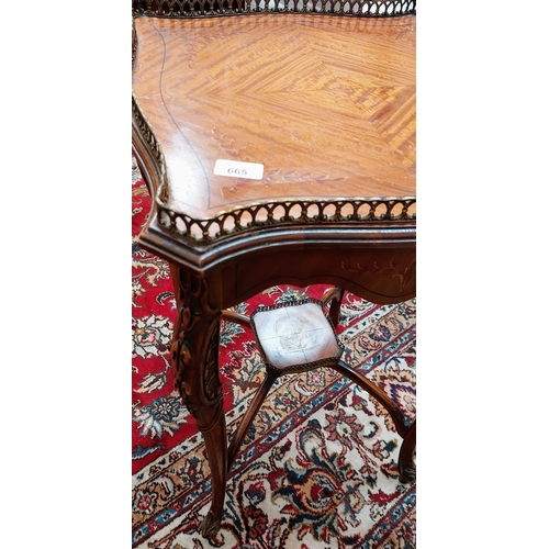 665 - French Style Inlaid Brass Gallery Occasional Table with X-Frame Stretcher & Shelf - C.44cm x 44cm x ... 