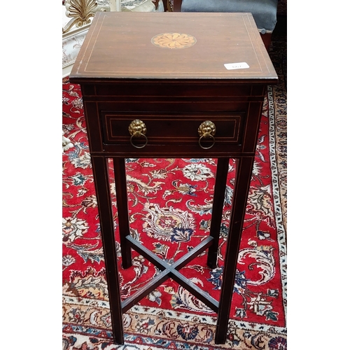 667 - Inlaid Mahogany Single Drawer Plant Table with X-Frame Stretcher - C. 33cm x 33cm x 77cm H