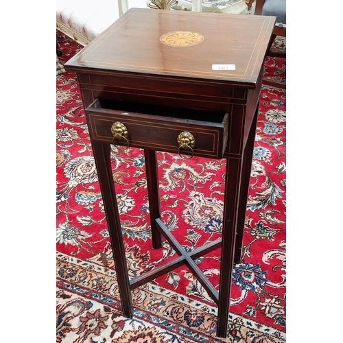 667 - Inlaid Mahogany Single Drawer Plant Table with X-Frame Stretcher - C. 33cm x 33cm x 77cm H