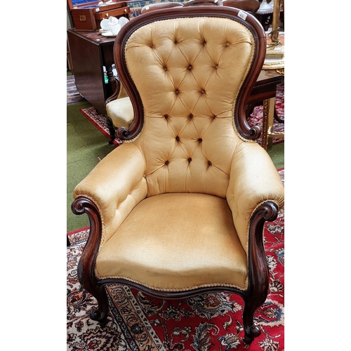 675 - Carved Mahogany Deep Button Upholstered Library Armchair