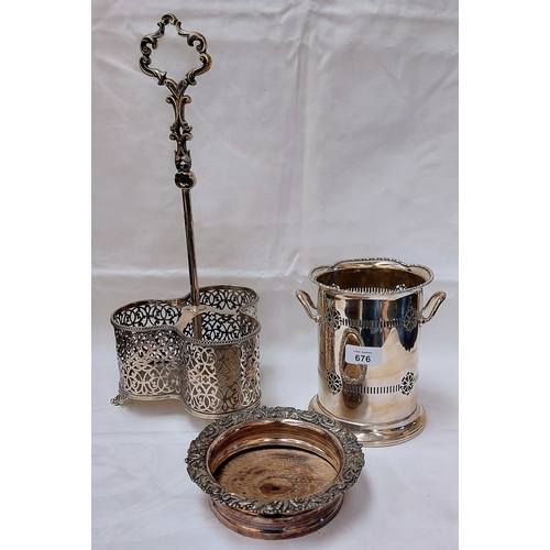 676 - 3 Pieces Good Silver Plate inc Wine Bottle Coaster & Holder