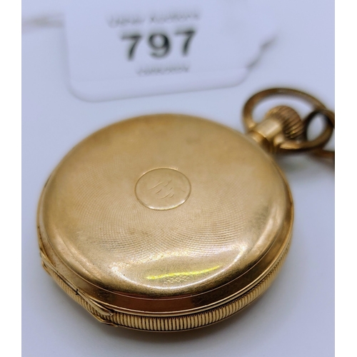 797 - 14k Gold (Warranted 14k US Assay) Elgin Pocket Watch & Gold Plated Chain