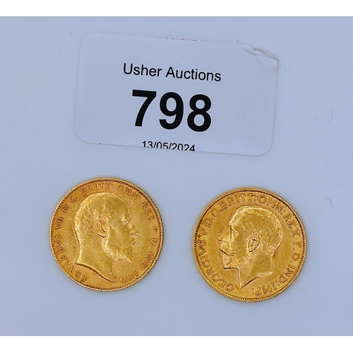 798 - 2 Gold Sovereigns - 1910 & 1913