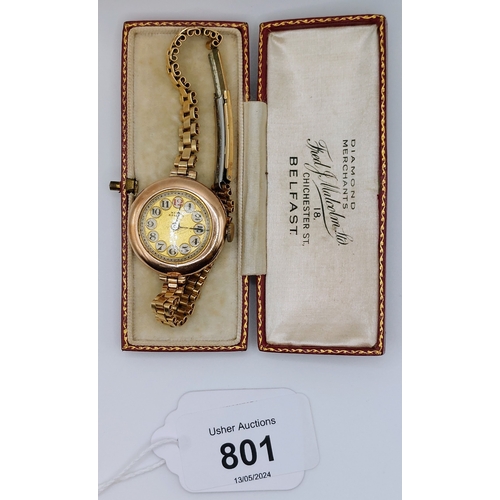 801 - 9ct Gold Neill Belfast Ladies Watch with Rolled Gold Strap - Rolex & Rebberg Mechanism (W&D 11698)