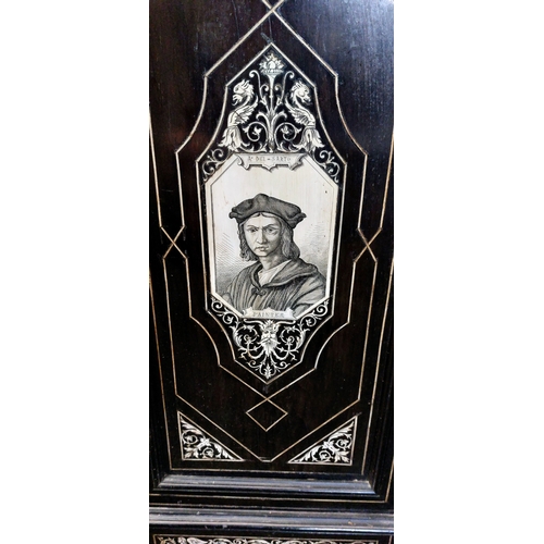 544 - Ebonised and Inlaid Court Cupboard with Renaissance Artist Portraits, Mirror BAck and Barley Twist S... 