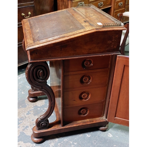 111 - Inlaid Birds Eye Walnut Davenport with Brass Gallery, Tooled Leather Slope and on Castors - C. 57cm ... 