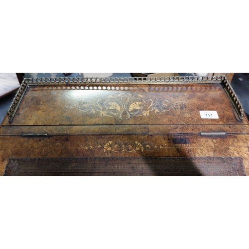 111 - Inlaid Birds Eye Walnut Davenport with Brass Gallery, Tooled Leather Slope and on Castors - C. 57cm ... 