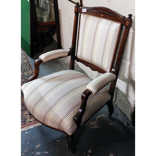 116 - Inlaid Edwardian Mahogany Upholstered Armchair on Castors