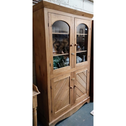 42 - Waxed Pine Cabinet with Glazed Doors - C. 114cm W x 41cm D x 187cm H