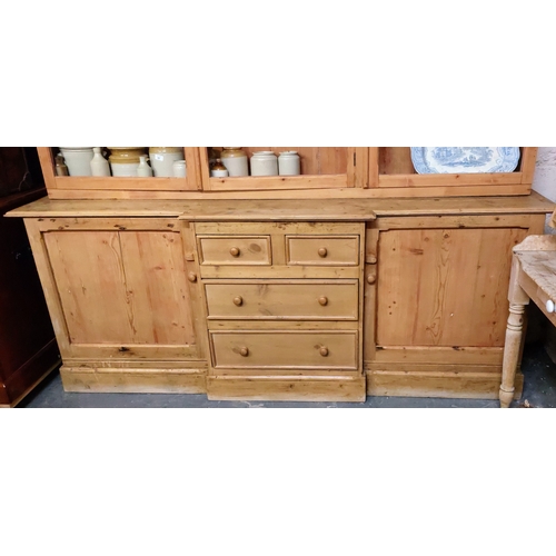 52 - Glazed 3 Door Pine Breakfront Kitchen Dresser with 2 Cupboards and 4 Central Drawers - C. 220cm W x ... 