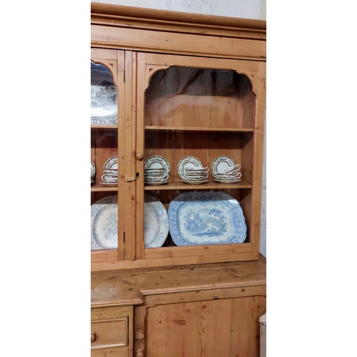 52 - Glazed 3 Door Pine Breakfront Kitchen Dresser with 2 Cupboards and 4 Central Drawers - C. 220cm W x ... 