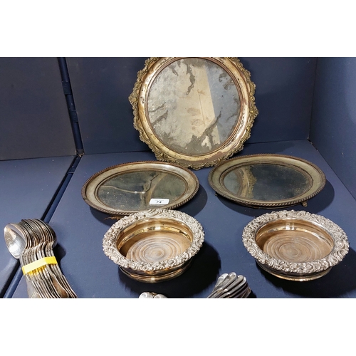 74 - Good Lot of Silver Plate inc Cutlery, Mirror Trays, Wine Bottle Coasters