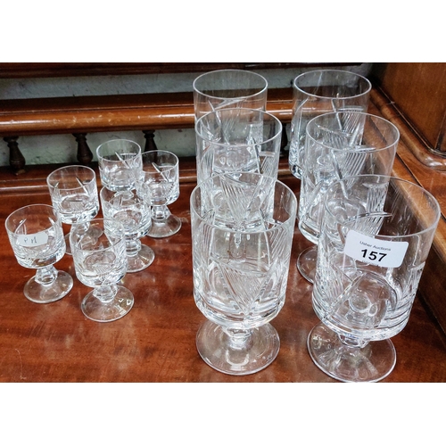 157 - Set of 6 Cavan Crystal Wine Glasses and 6 Cavan Crystal Sherry Glasses with Harp Motif Engraving