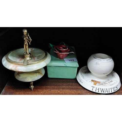 162 - Thwaites Match Striker, Marble & Gilt Metal Ashtray & Lidded Floral Box