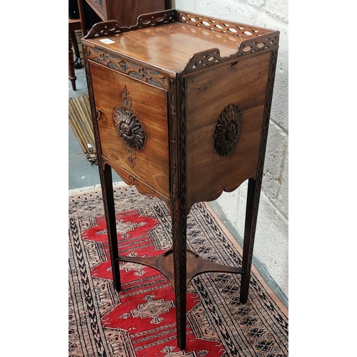 102 - Carved Mahogany Pot Cupboard with Fretwork Gallery - C. 34cm W x 28cm D x 80cm H