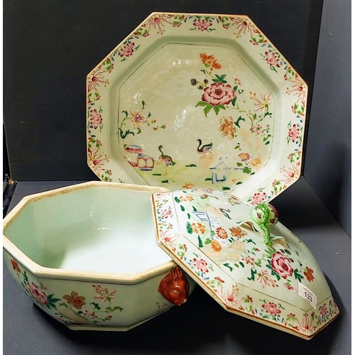 133 - Antique Chinese Famille Rose Octagonal Lidded Bowl (30cm W) and Octagonal Platter (38cm W)