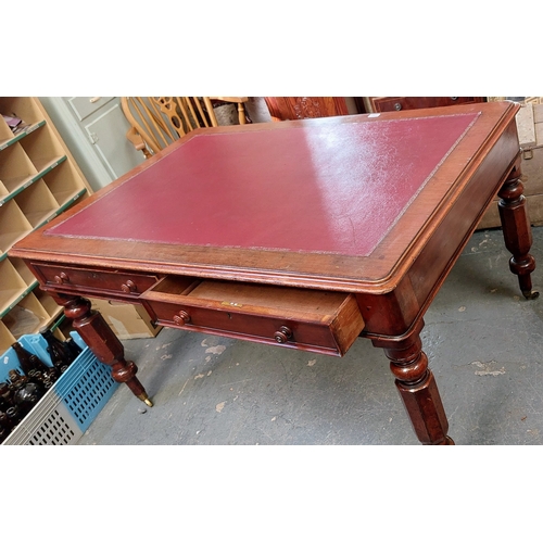 134 - Victorian Mahogany Library Desk with Leather Top and Double-Sided Twin Drawers Sitting on Brass Cast... 