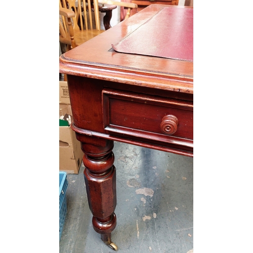 134 - Victorian Mahogany Library Desk with Leather Top and Double-Sided Twin Drawers Sitting on Brass Cast... 