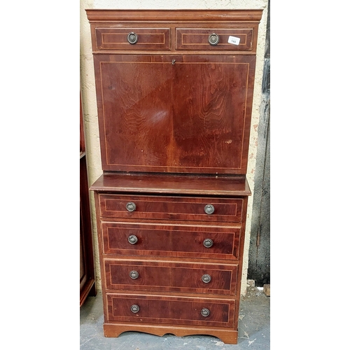 144 - Inlaid Writing Chest with 4 Drawers and Drop Down Leather Top Slope - C. 61cm W x 42cm D x 131cm H