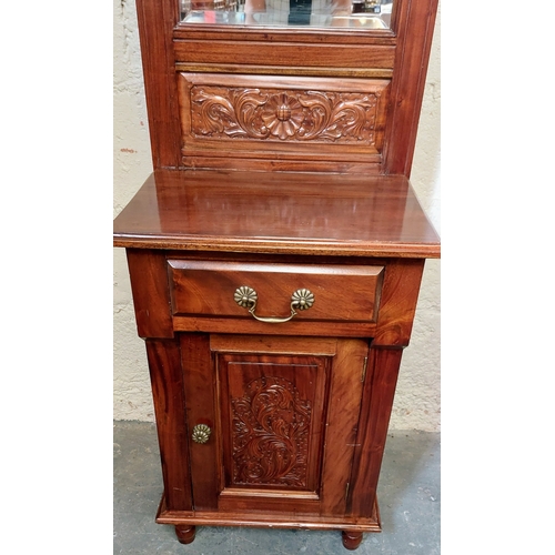 146 - Carved Mahogany Morrorback Locker & Coat Stand with Drawer - C. 50cm W x 43cm D x 214cm H