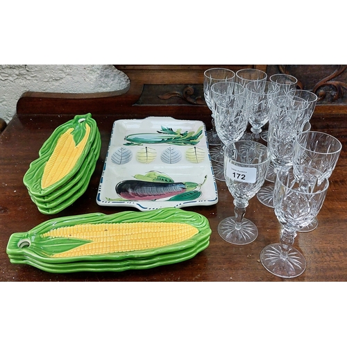 172 - 10 Plus 2 Other Aperitif Stem Cut Glasses & Hors d'Oeuvre Dishes