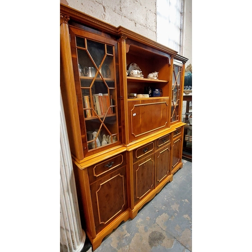 208 - Breakfront Astral Glazed Bookcase with 4 Drawers over 3 Cupboards - C. 194cm W x 42cm D x 199cm H