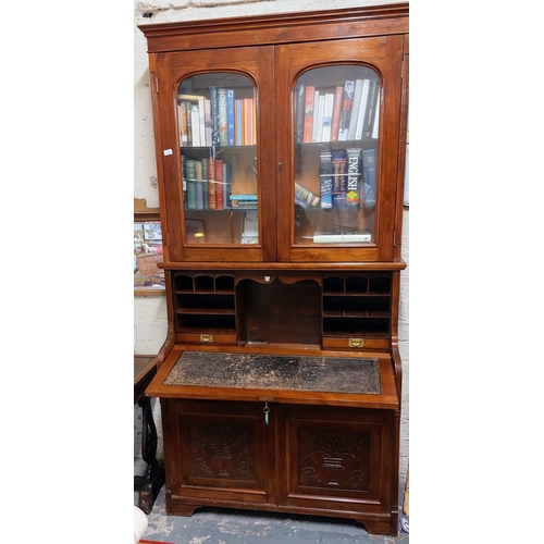 236 - Mahogany Bureau Bookcase with Carved Panel Doors and Leather Writing Slope - C. 116cm W x 45cm D x 2... 