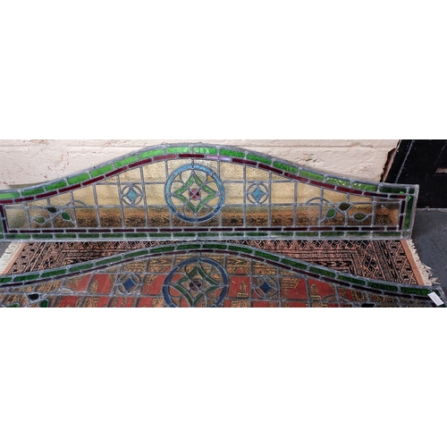 237 - 3 Pieces of Leaded Coloured Glass - C. 138cm W x 32cm H (plus clear protective glass panels)