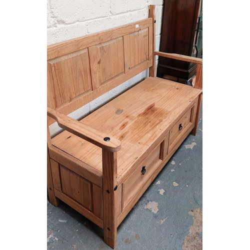 24 - Pine Monks Bench with 2 Drawers and Panel Back - C. 128cm W