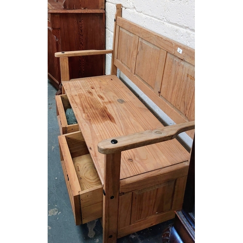 24 - Pine Monks Bench with 2 Drawers and Panel Back - C. 128cm W