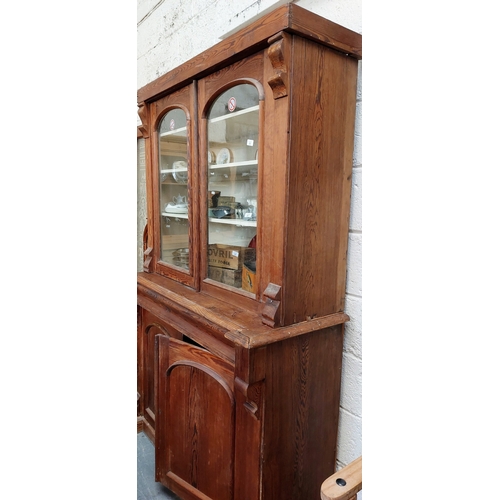 33 - Pitch Pine Glazed Bookcase - C. 128cm W x 53cm D x 203cm H