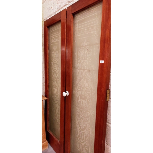 38 - Pair of Teak Etched Glass Panel Doors - C. 60cm W x 202cm H (each door)