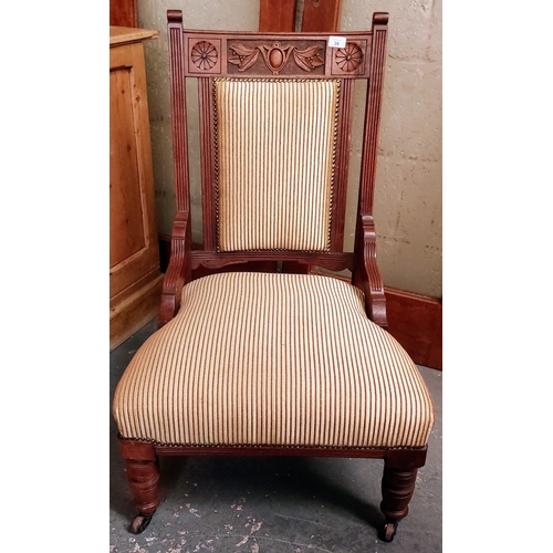 39 - Edwardian Carved Oak Upholstered Parlor Chair