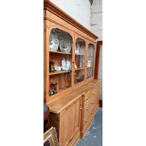 48 - Glazed 3 Door Pine Breakfront Kitchen Dresser with 2 Cupboards and 4 Central Drawers - C. 220cm W x ... 