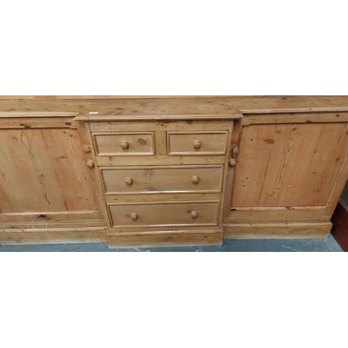 48 - Glazed 3 Door Pine Breakfront Kitchen Dresser with 2 Cupboards and 4 Central Drawers - C. 220cm W x ... 