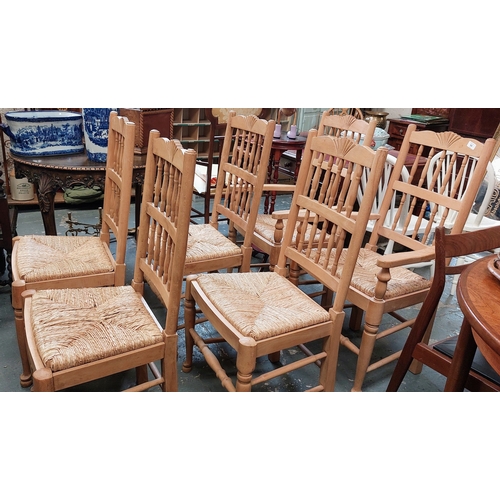 64 - Set of 6 Pine Rush Seat Dining Chairs (2 Carvers and 4 Chairs)